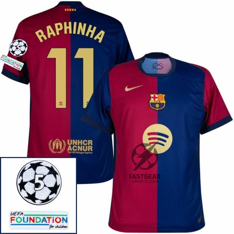 Barcelona Raphinha 11 Home 2024/25 Patches UCL UEFA Foundation (Official Printing)