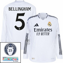 Real Madrid Bellingham 5 Home Fan Jersey Long Sleeve 2024/25 Patches UCL UEFA Foundation (Official Printing)