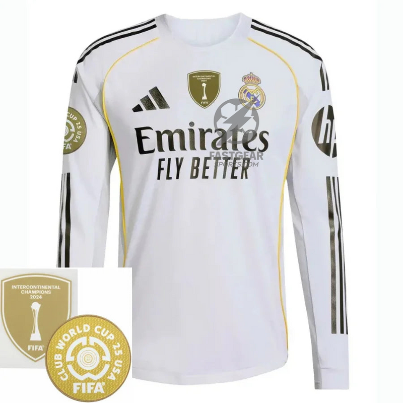 Real Madrid Home Long Sleeve Fan Jersey 2025/26 - Patch 2025 Club World Cup + FIFA Intercontinental Champions