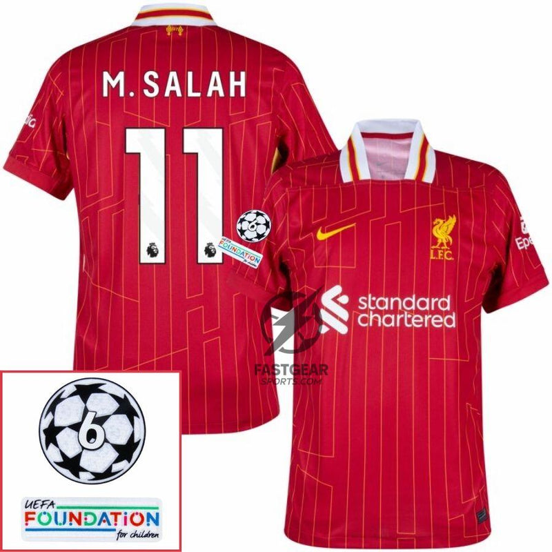 Liverpool Mohamed Salah 11 Home Fan Jersey 2024/25 Patches UCL UEFA Foundation (Official Printing)
