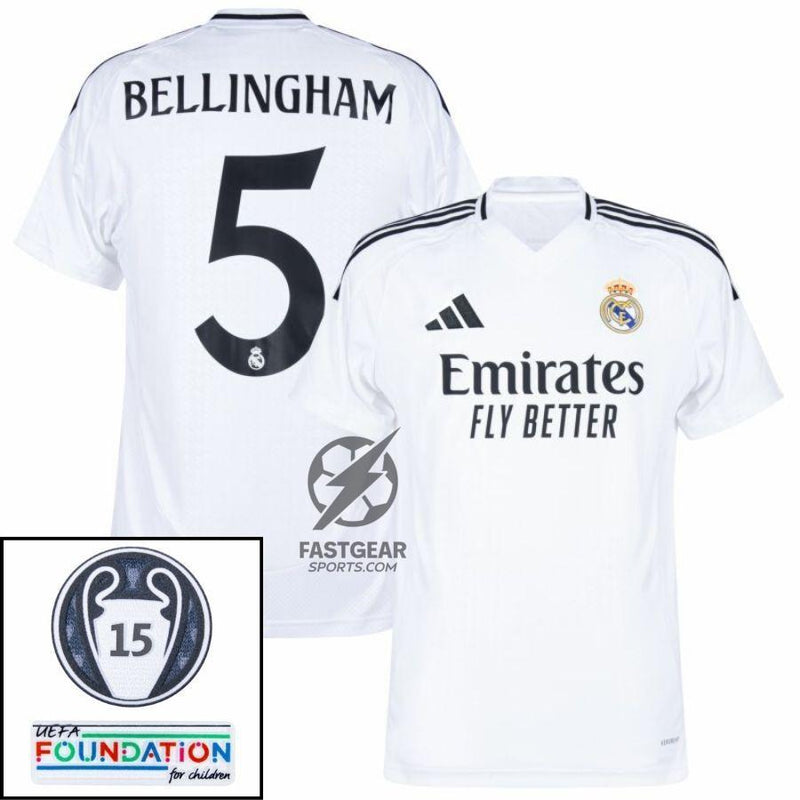Real Madrid Bellingham 5 Home Fan Jersey 2024/25 Patches UCL UEFA Foundation (Official Printing)