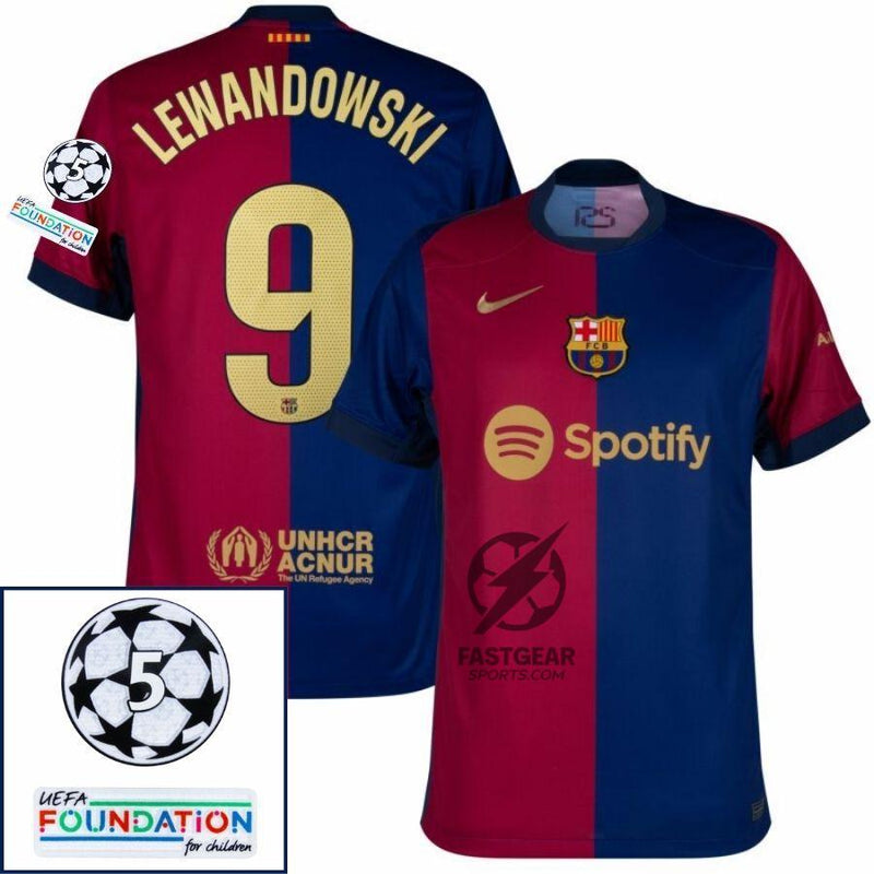 Barcelona Lewandowski 9 Home 2024/25 Patches UCL UEFA Foundation (Official Printing)