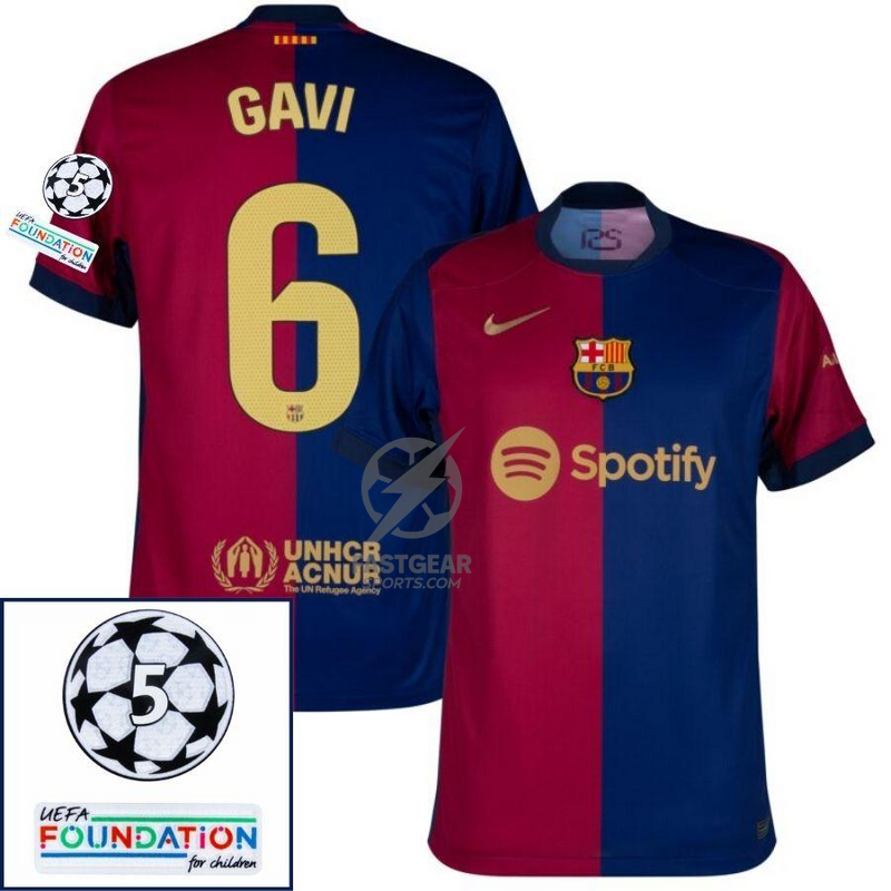 Barcelona Gavi 6 Home 2024/25 Patches UCL UEFA Foundation (Official Printing)