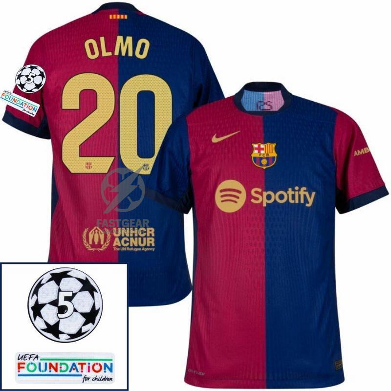 Barcelona Olmo 20 Home 2024/25 Patches UCL UEFA Foundation (Official Printing)