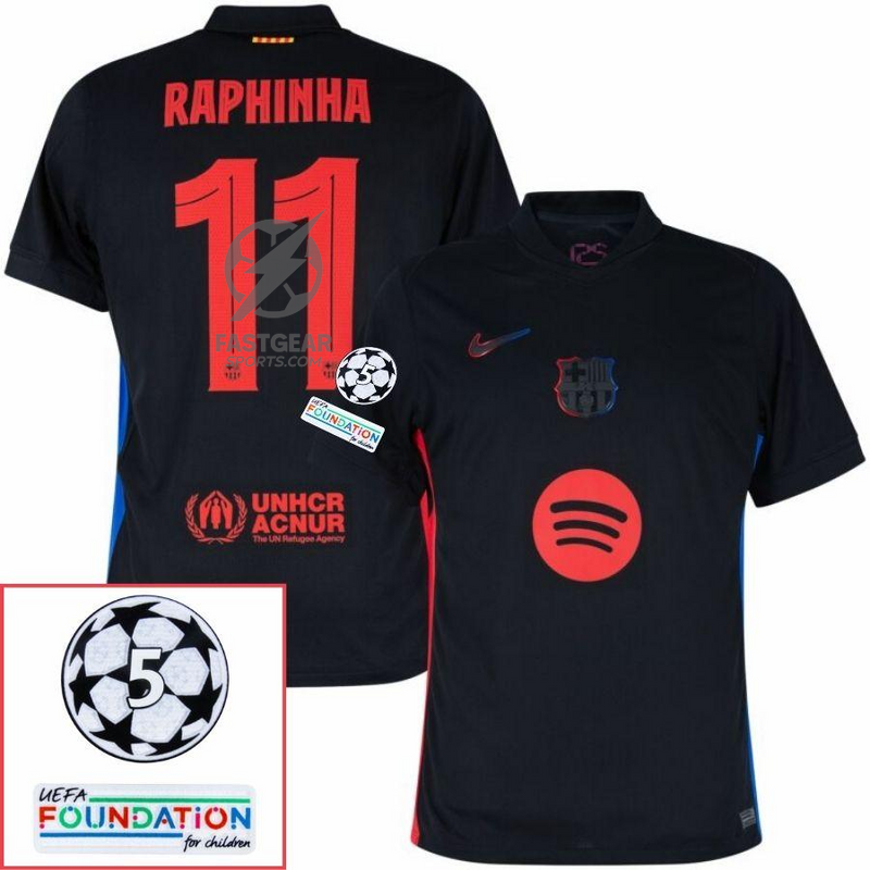 Barcelona Raphinha 11 Away 2024/25 Patches UCL UEFA Foundation (Official Printing)