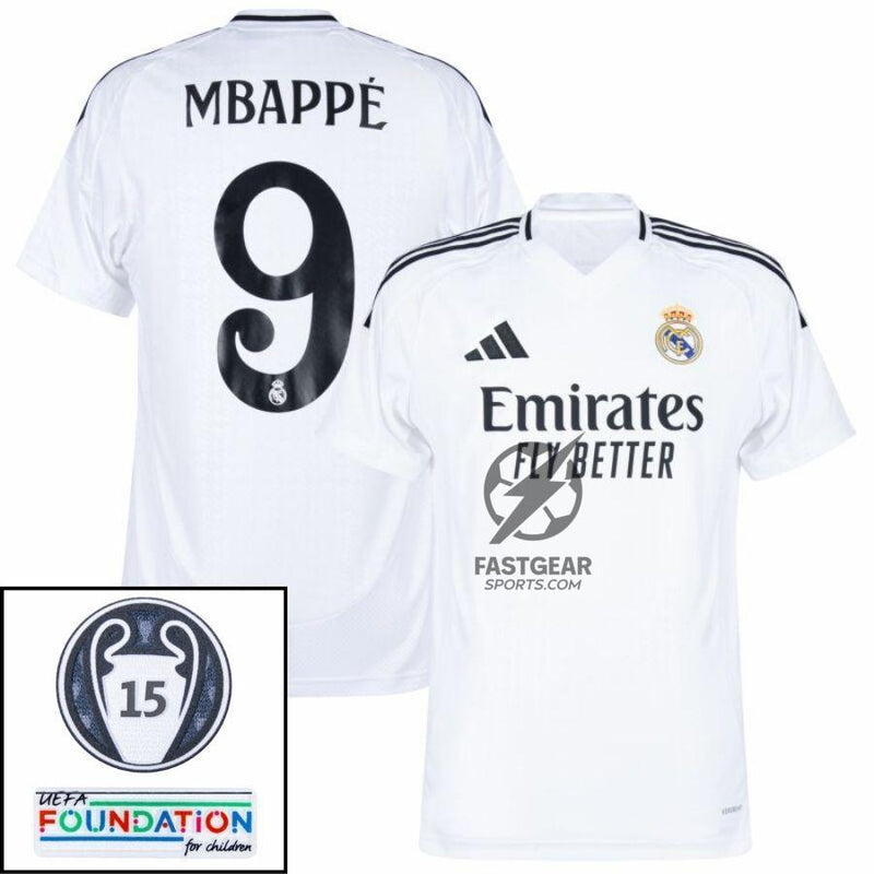 Real Madrid Mbappé 9 Home Fan Jersey 2024/25 Patches UCL UEFA Foundation (Official Printing)