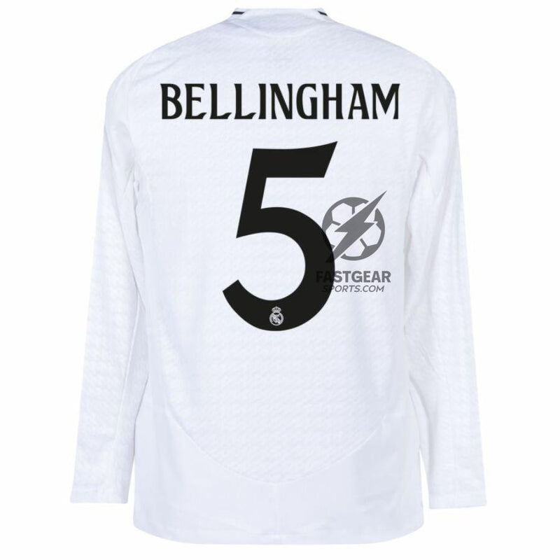 Real Madrid Bellingham 5 Home Fan Jersey Long Sleeve 2024/25 Patches UCL UEFA Foundation (Official Printing)