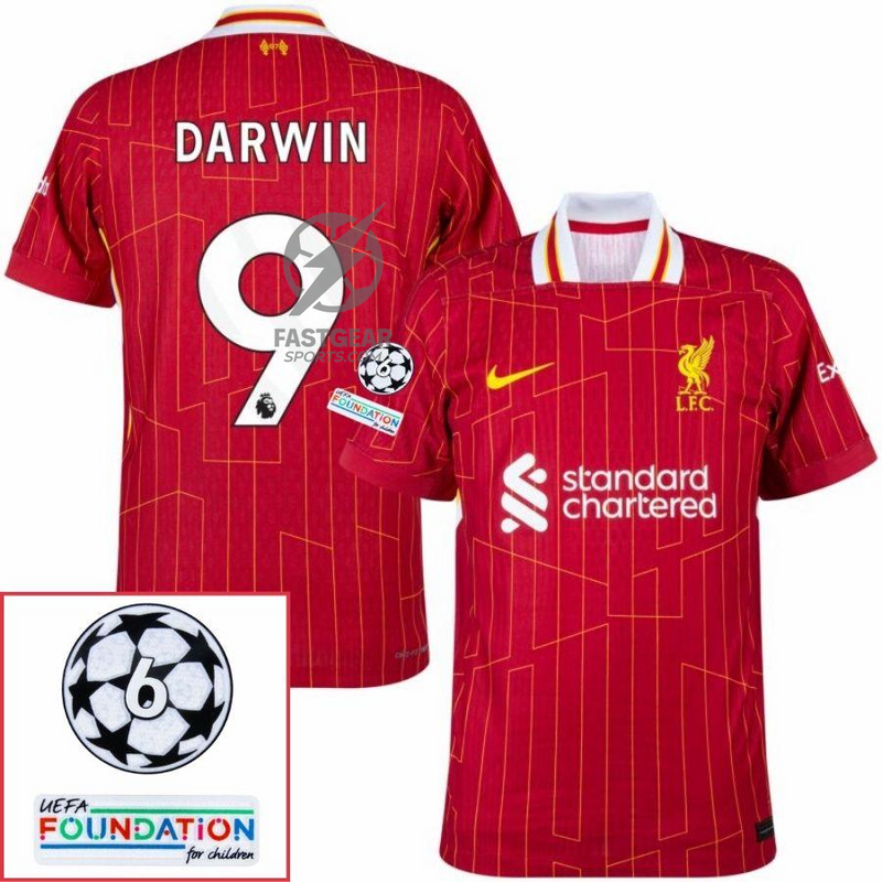 Liverpool Darwin 9 Home 2024/25 Patches UCL UEFA Foundation (Official Printing)