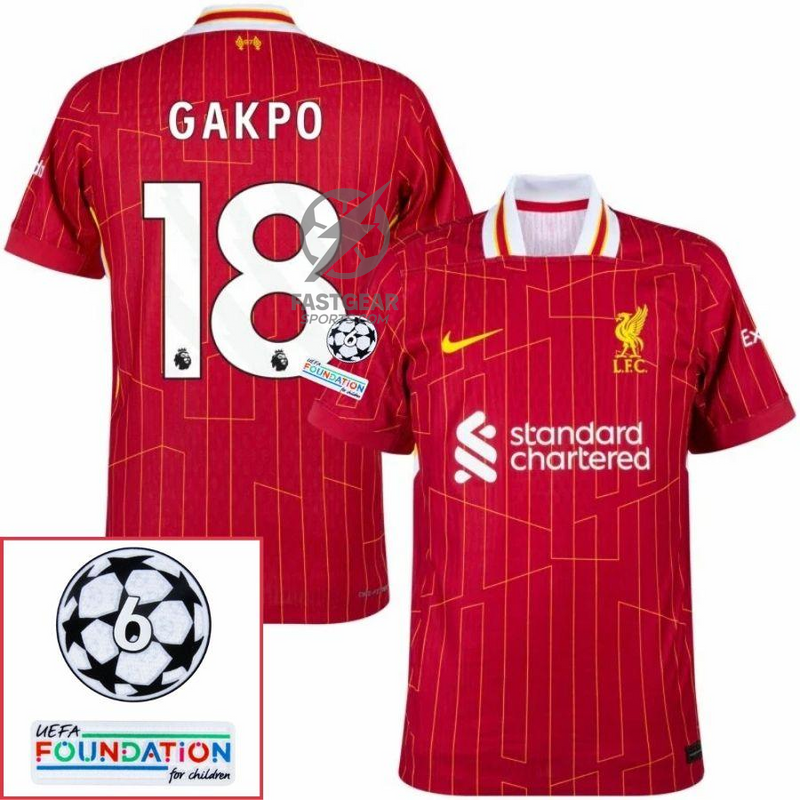 Liverpool Gakpo 18 Home 2024/25 Patches UCL UEFA Foundation (Official Printing)