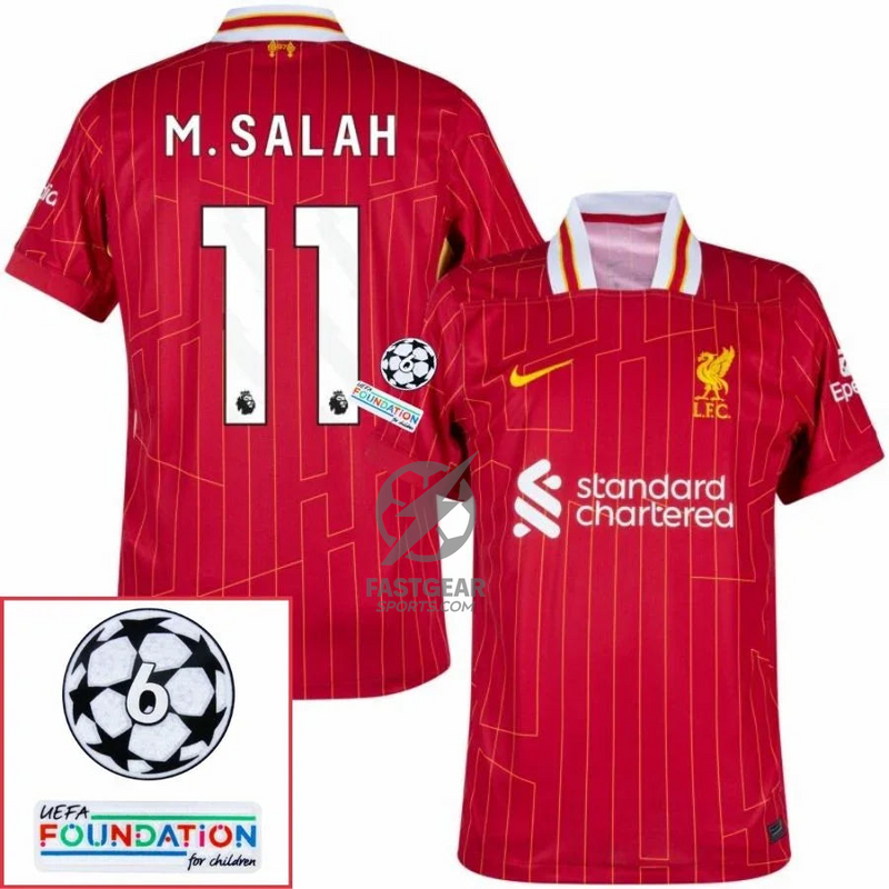 Liverpool Mohamed Salah 11 Home Fan Jersey 2024/25 Patches UCL UEFA Foundation (Official Printing)