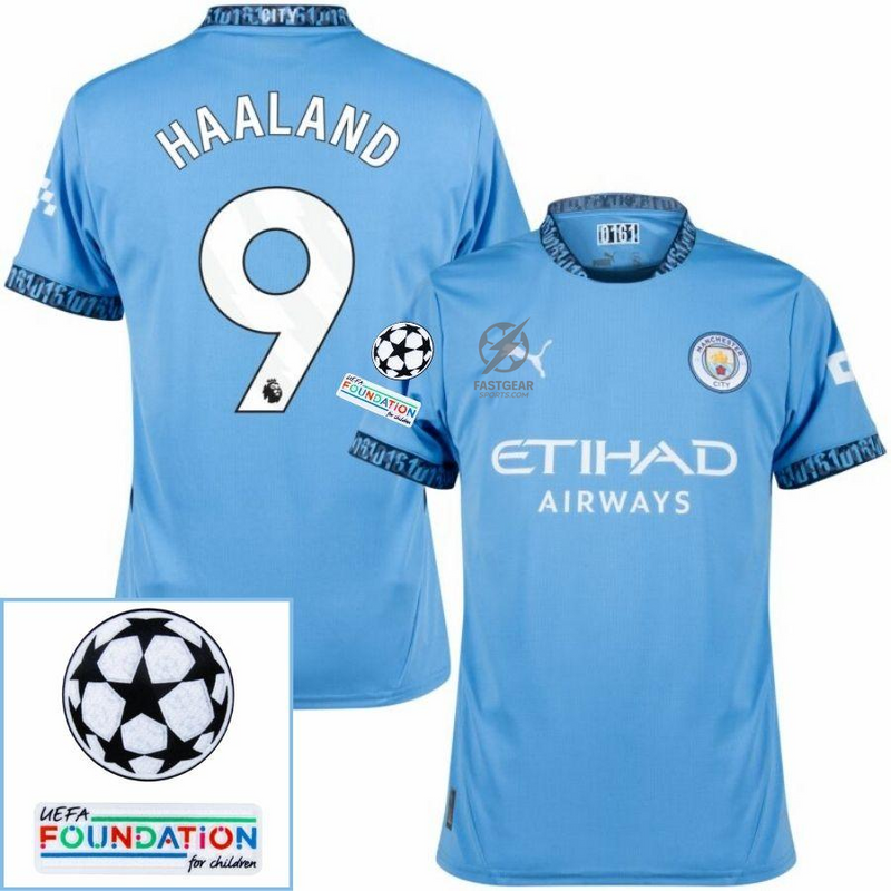 Manchester City De Haaland 9 Home 2024/25 Patches UCL UEFA Foundation (Official Printing)
