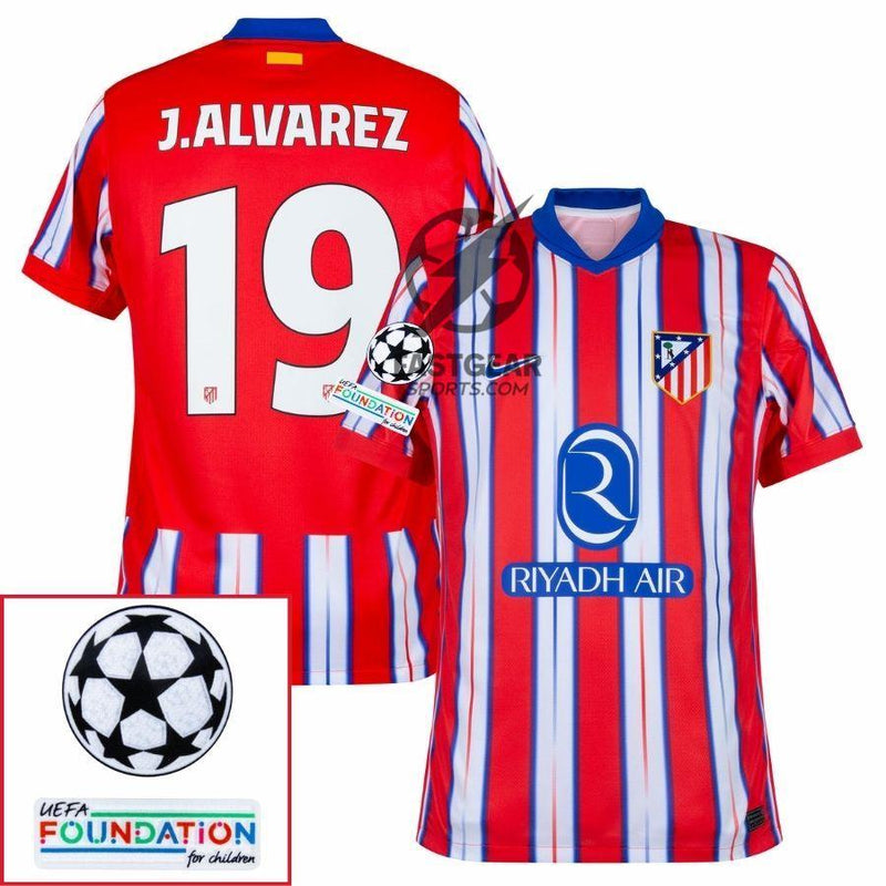 Atlético Madrid Julián Alvarez 19 Home Fan Jersey 2024/25 Patches UCL UEFA Foundation (Official Printing)