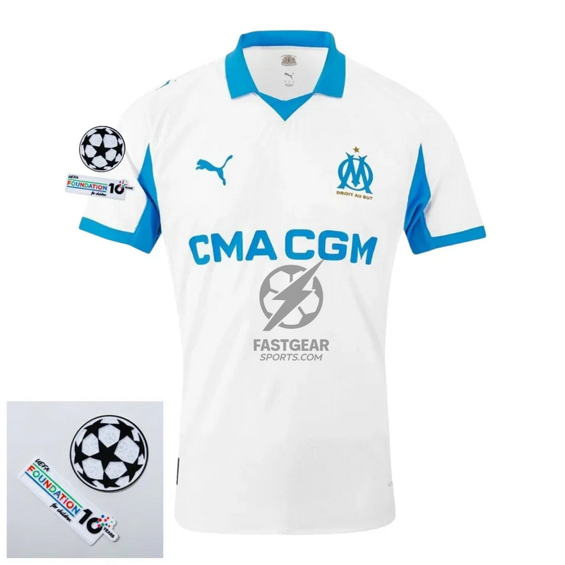 Olympique Marseille Home Fan Jersey 2025/26 Patches UCL + 10th Anniversary UEFA.