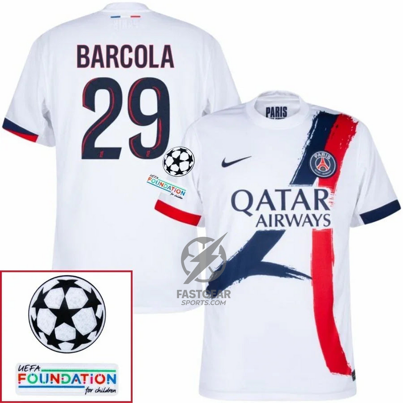 Paris Saint-Germain Barcola 29 Fan Jersey Away 2024/25 Patches UCL UEFA Foundation (Official Printing)