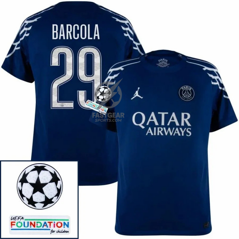 Paris Saint-Germain Barcola 29 Fan Jersey Fourth Jordan 2024/25 Patches UCL UEFA Foundation (Official Printing)