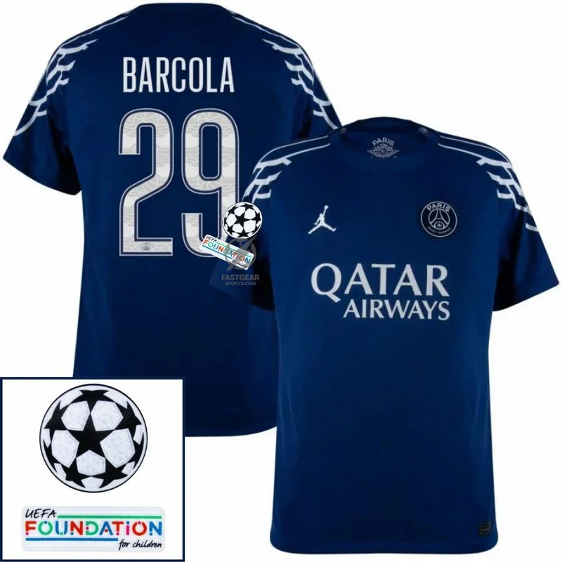 Paris Saint-Germain Barcola 29 Fan Jersey Fourth Jordan 2024/25 Patches UCL UEFA Foundation (Official Printing)