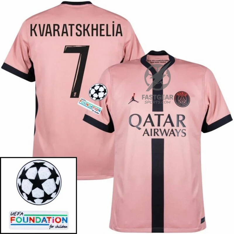 Paris Saint-Germain Kvaratskhelia 7 Fan Jersey Third Jordan 2023/24 Patches UCL UEFA Foundation (Official Printing)