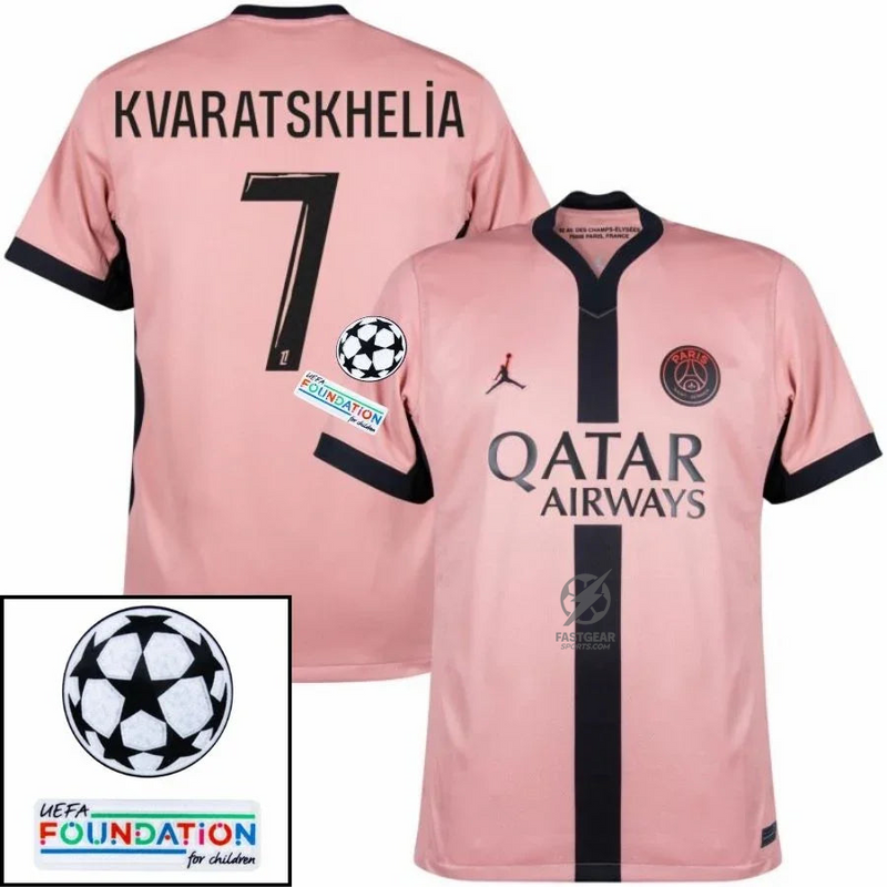 Paris Saint-Germain Kvaratskhelia 7 Fan Jersey Third Jordan 2023/24 Patches UCL UEFA Foundation (Official Printing)