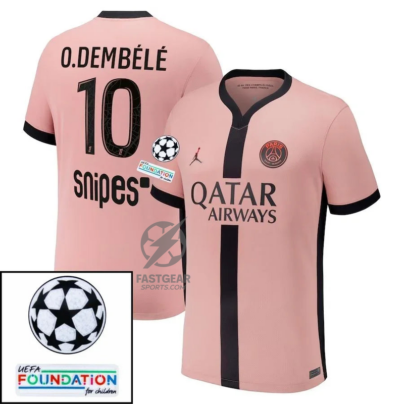 Paris Saint-Germain O.DEMBELE 10 Fan Jersey Third Jordan 2023/24 Patches UCL UEFA Foundation (Official Printing)