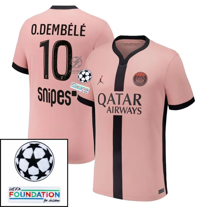 Paris Saint-Germain O.DEMBELE 10 Fan Jersey Third Jordan 2023/24 Patches UCL UEFA Foundation (Official Printing)