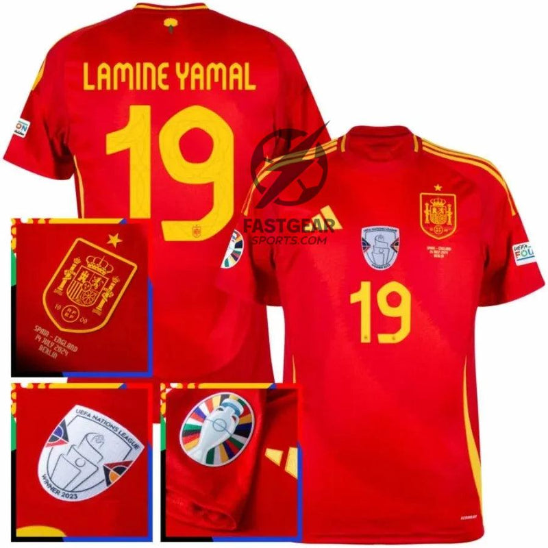 Spain Lamine Yamal 19 Home Fan Jersey 2025/26 Euro 2024 & Foundation Tournament Patches (Official Printing)