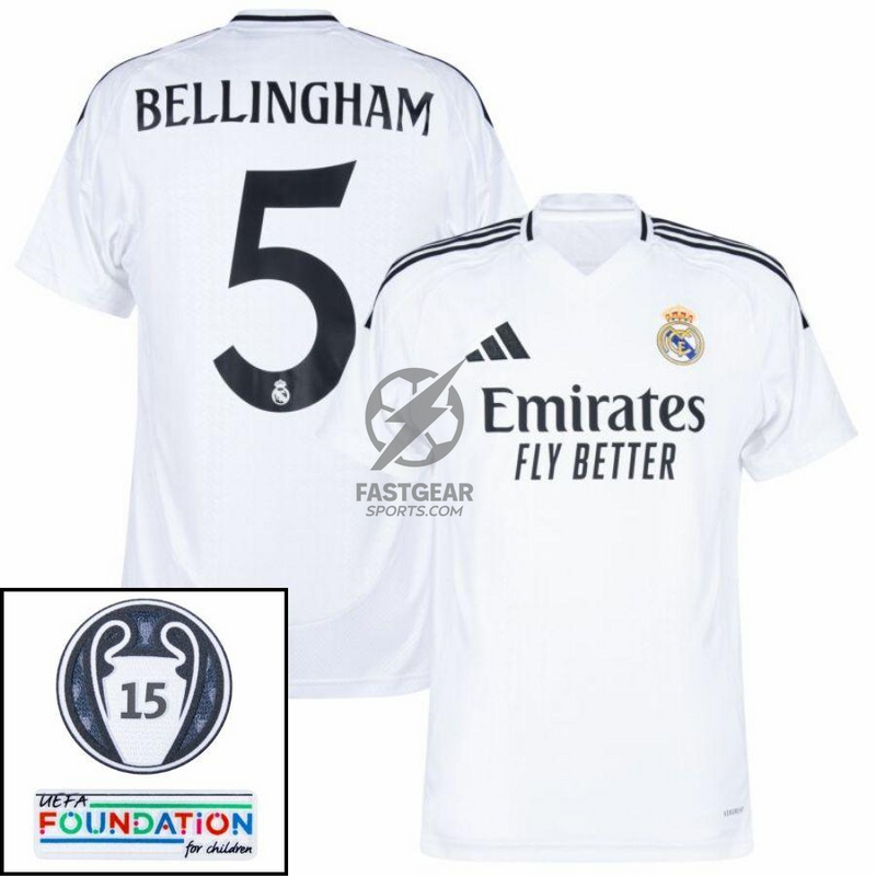 Real Madrid Bellingham 5 Home Fan Jersey 2024/25 Patches UCL UEFA Foundation (Official Printing)