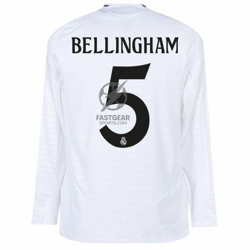 Real Madrid Bellingham 5 Home Fan Jersey Long Sleeve 2024/25 Patches UCL UEFA Foundation (Official Printing)
