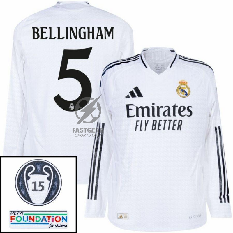 Real Madrid Bellingham 5 Home Fan Jersey Long Sleeve 2024/25 Patches UCL UEFA Foundation (Official Printing)