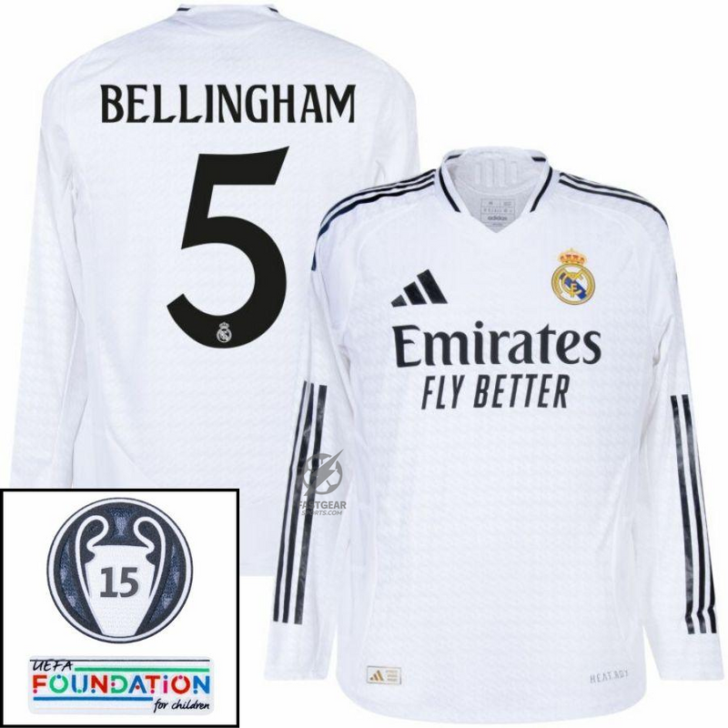 Real Madrid Bellingham 5 Home Fan Jersey Long Sleeve 2024/25 Patches UCL UEFA Foundation (Official Printing)