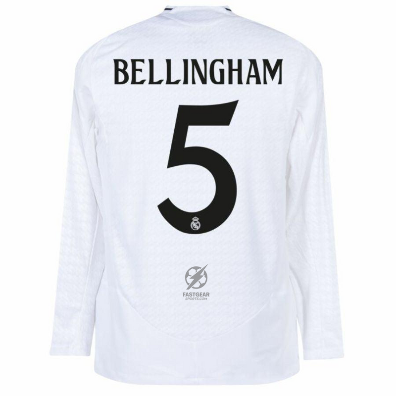 Real Madrid Bellingham 5 Home Fan Jersey Long Sleeve 2024/25 Patches UCL UEFA Foundation (Official Printing)