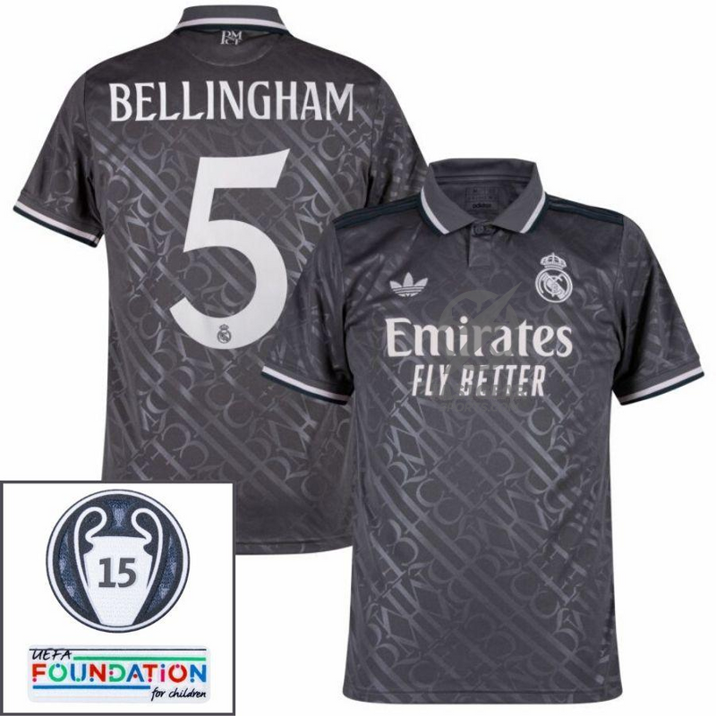 Real Madrid Bellingham 5 Third Fan Jersey 2024/25 Patches UCL UEFA Foundation (Official Printing)