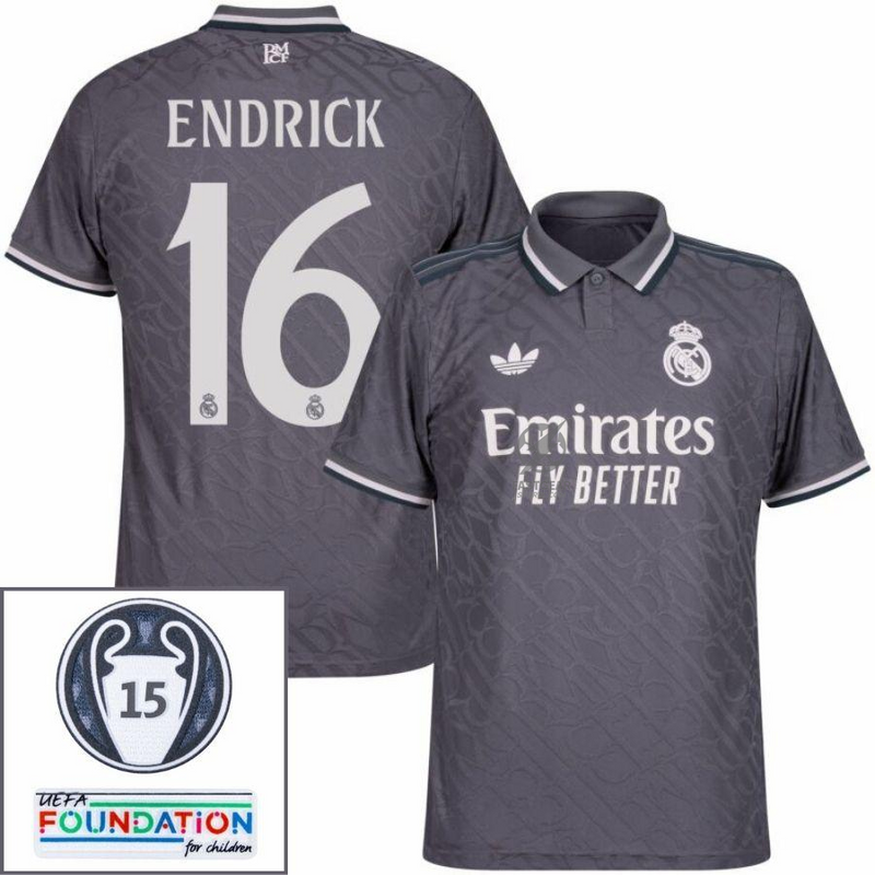 Real Madrid Endrick 16 Third Fan Jersey 2024/25 Patches UCL UEFA Foundation (Official Printing)