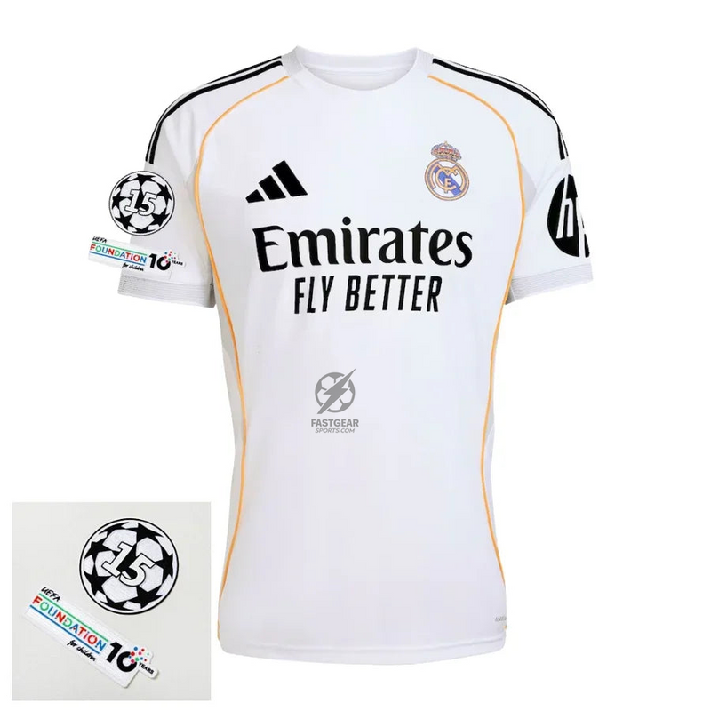 Real Madrid Home Fan Jersey 2025/26 Patches UCL + 10th Anniversary UEFA.