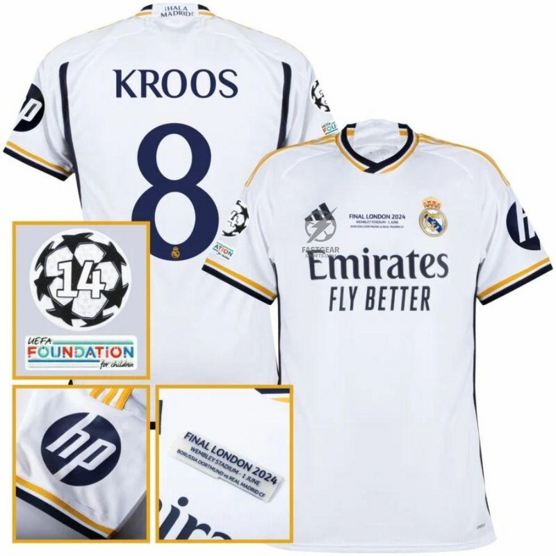 Real Madrid Toni Kroos 8 Home Fan Jersey 2023/24 Patch FIFA WCC Patch UCL UEFA Foundation Patches