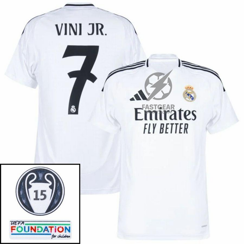Real Madrid Vini JR. 7 Home Fan Jersey 2024/25 Patches UCL UEFA Foundation (Official Printing)