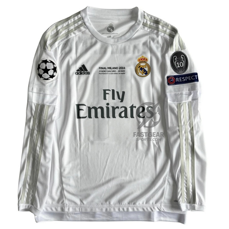 Retro Real Madrid 2015/16 Home Long Sleeve Final Milano 2016 Patches UCL 10 UEFA Respect