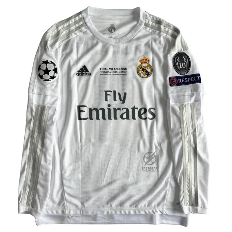 Retro Real Madrid 2015/16 Home Long Sleeve Final Milano 2016 Patches UCL 10 UEFA Respect