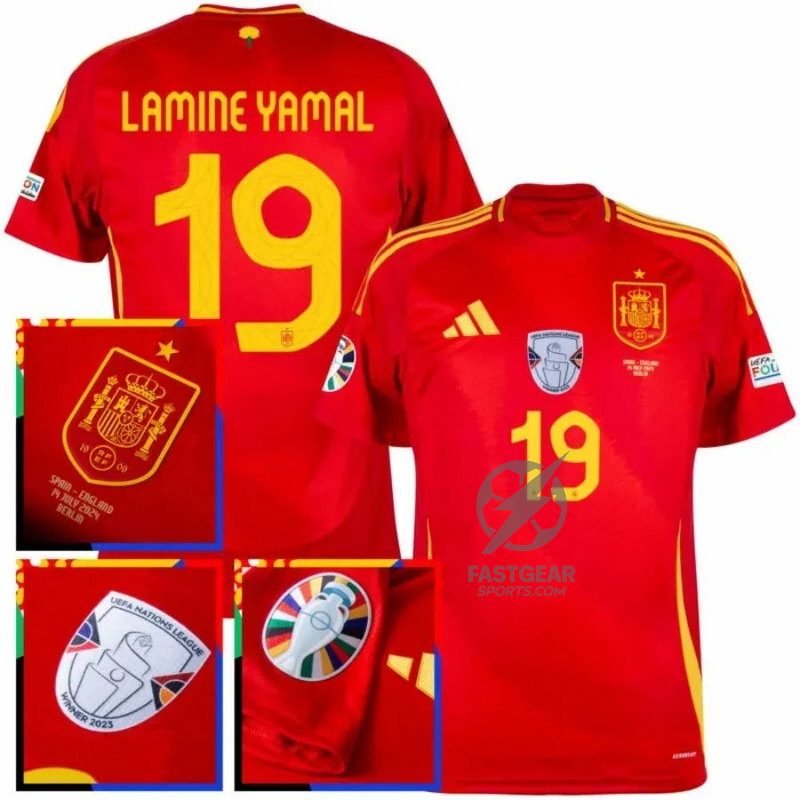 Spain Lamine Yamal 19 Home Fan Jersey 2025/26 Euro 2024 & Foundation Tournament Patches (Official Printing)
