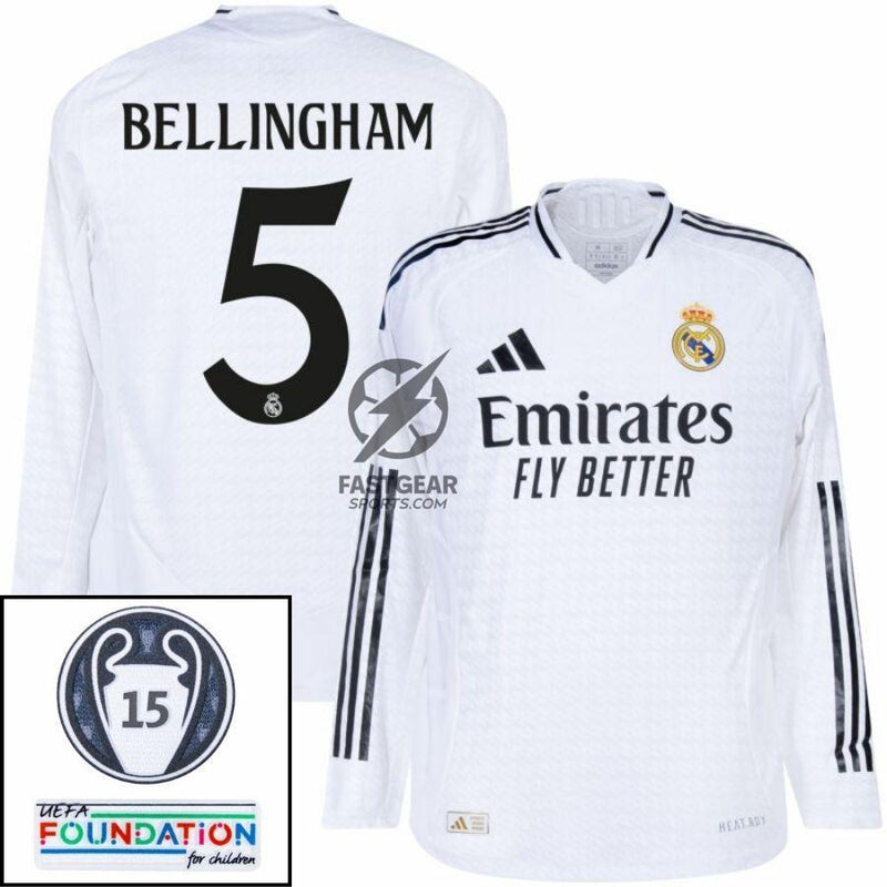 Real Madrid Bellingham 5 Home Fan Jersey Long Sleeve 2024/25 Patches UCL UEFA Foundation (Official Printing)