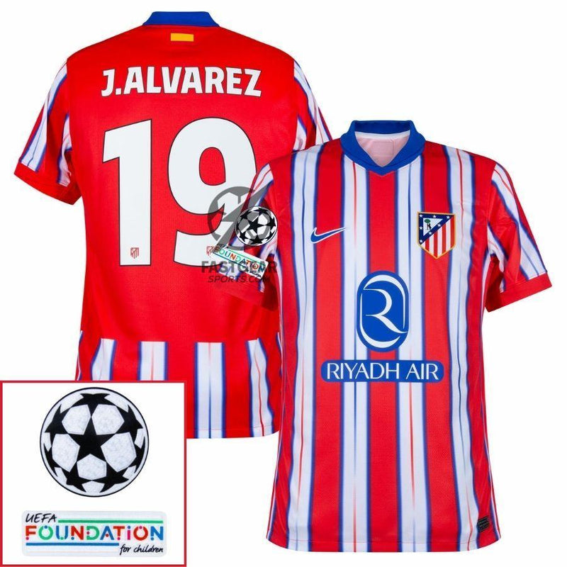 Atlético Madrid Julián Alvarez 19 Home Fan Jersey 2024/25 Patches UCL UEFA Foundation (Official Printing)