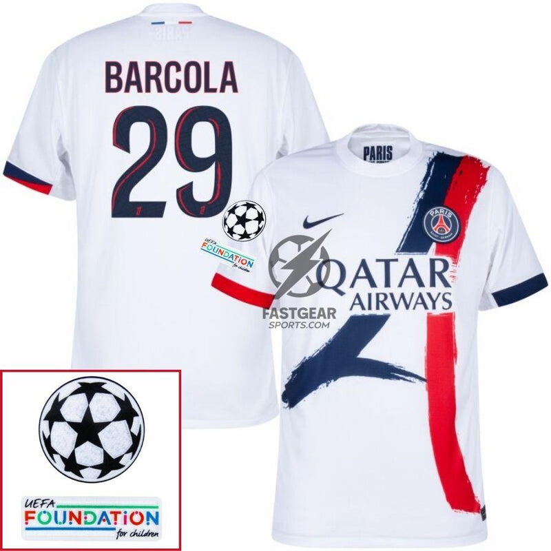 Paris Saint-Germain Barcola 29 Fan Jersey Away 2024/25 Patches UCL UEFA Foundation (Official Printing)