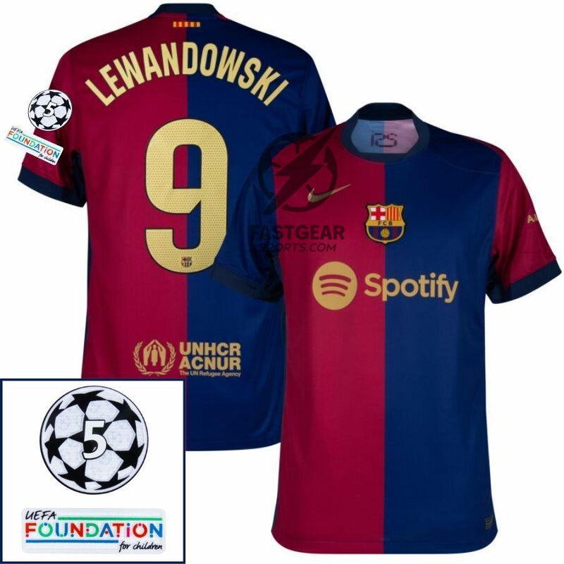 Barcelona Lewandowski 9 Home 2024/25 Patches UCL UEFA Foundation (Official Printing)
