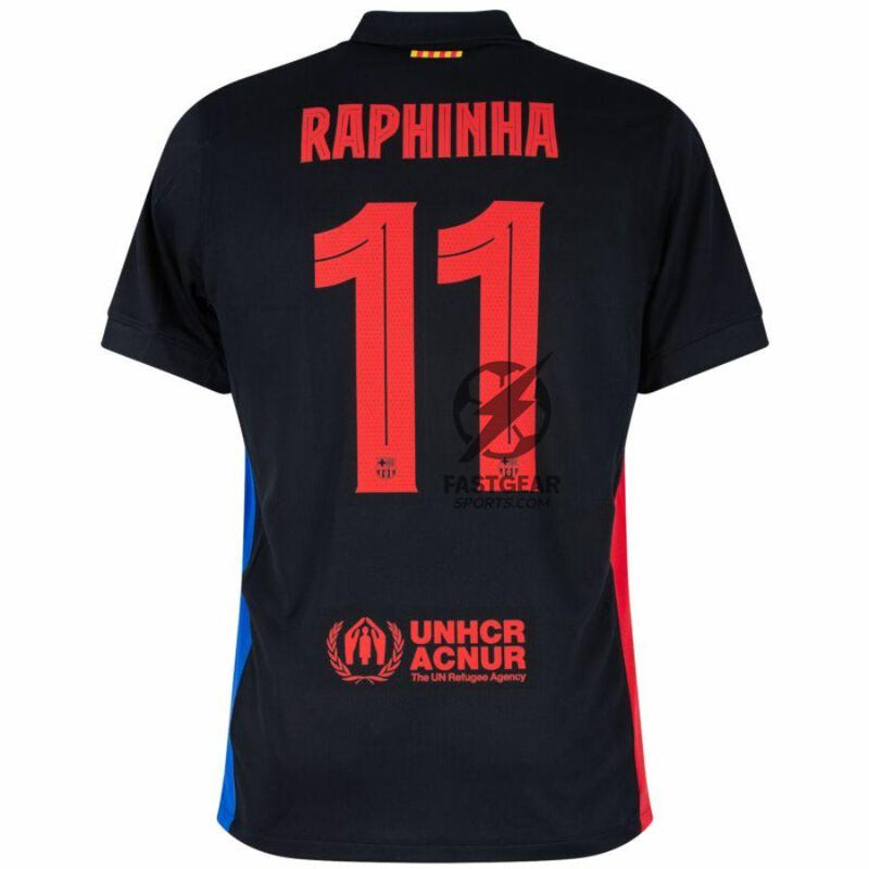 Barcelona Raphinha 11 Away Fan Jersey 2024/25 Patches UCL UEFA Foundation (Official Printing)