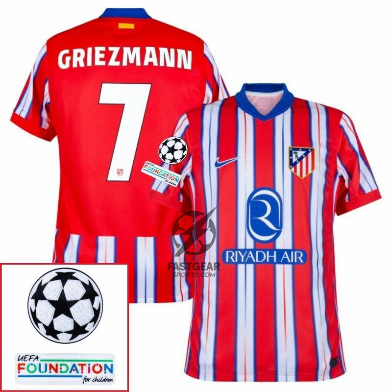 Atlético Madrid Griezmann 7 Home Fan Jersey 2024/25 Patches UCL UEFA Foundation (Official Printing)