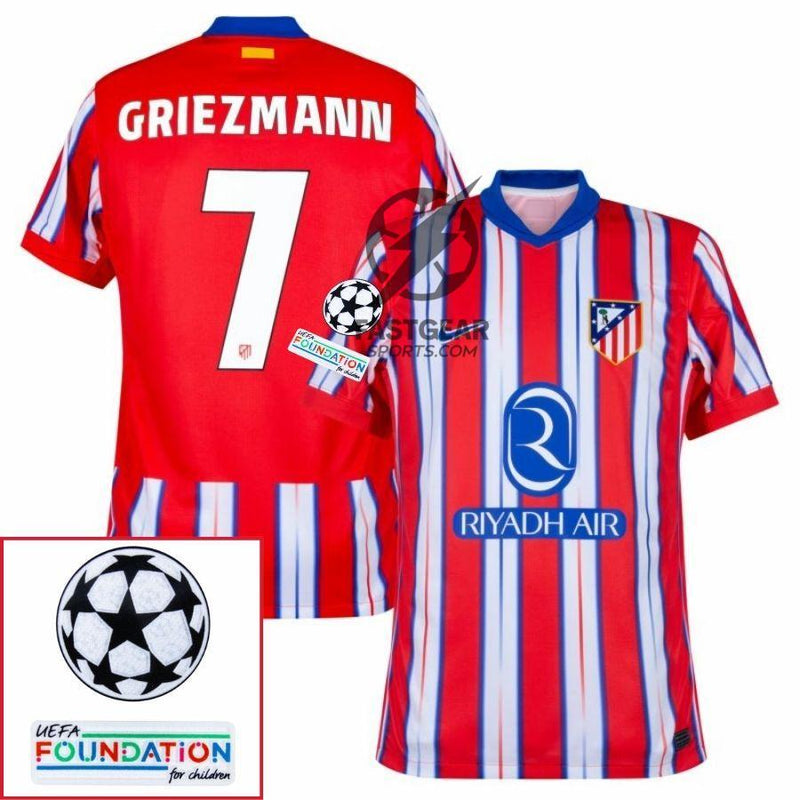 Atlético Madrid Griezmann 7 Home Fan Jersey 2024/25 Patches UCL UEFA Foundation (Official Printing)